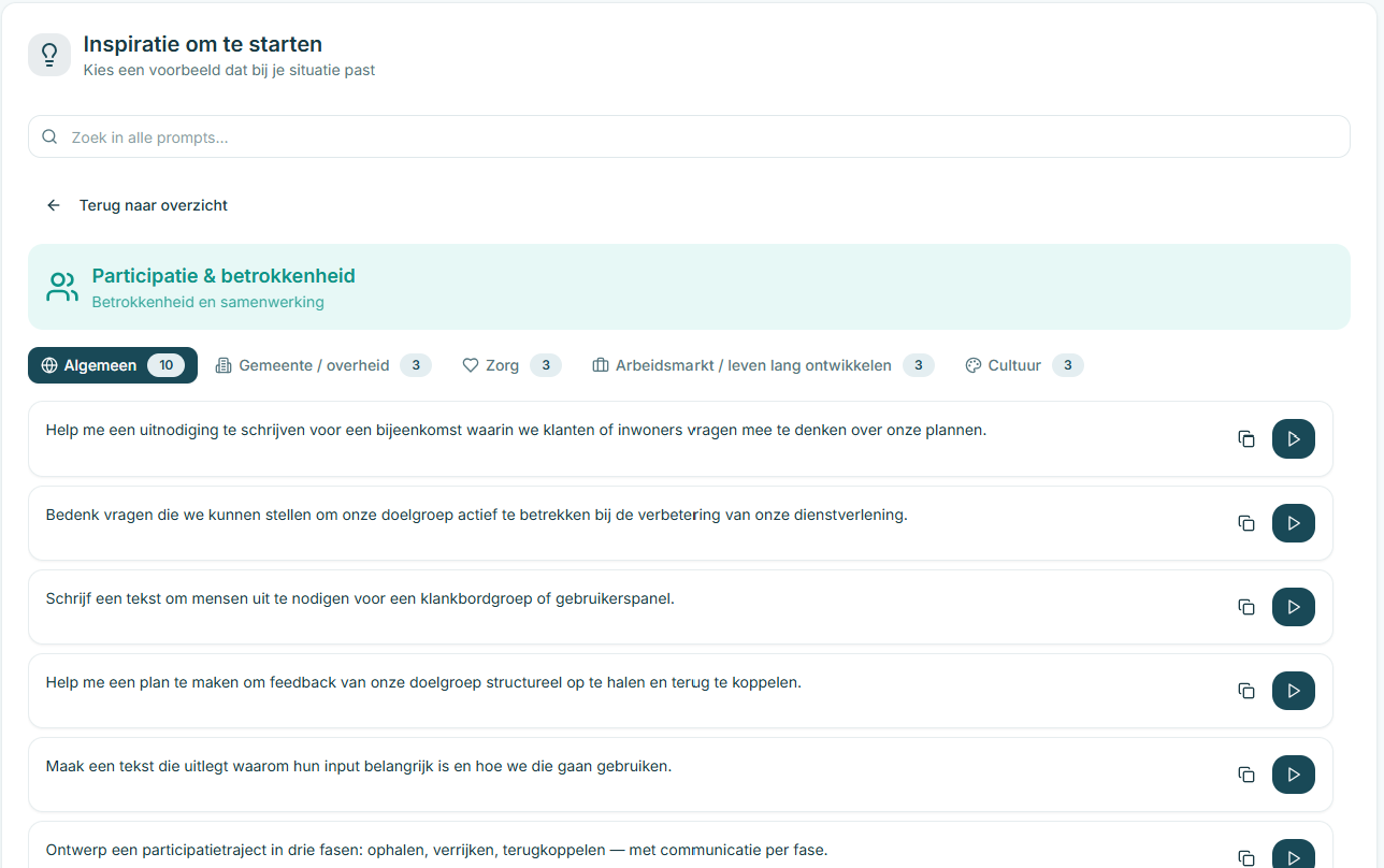 Lijst met inspiratieprompts binnen participatie en betrokkenheid, gefilterd per sector