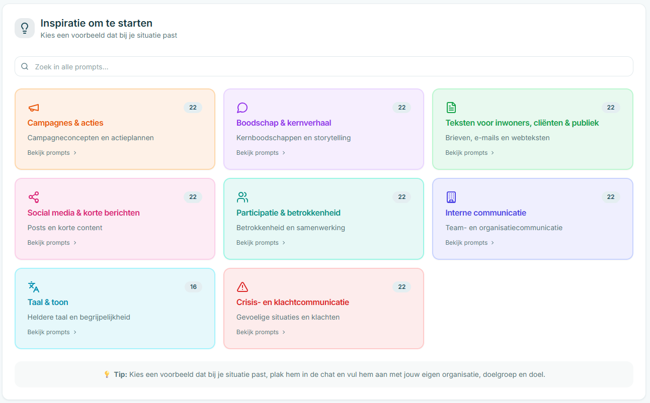 Overzicht met categorieën inspiratieprompts zoals campagnes, teksten en social media