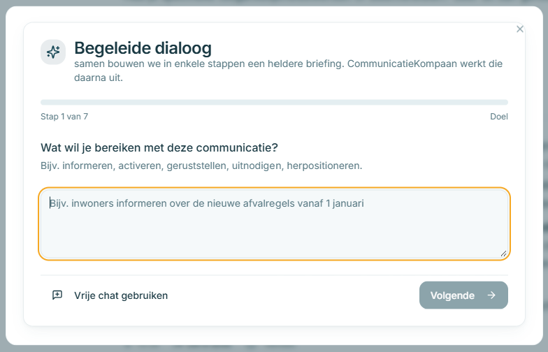 Begeleide dialoog in zeven stappen die vraagt wat je met de communicatie wilt bereiken